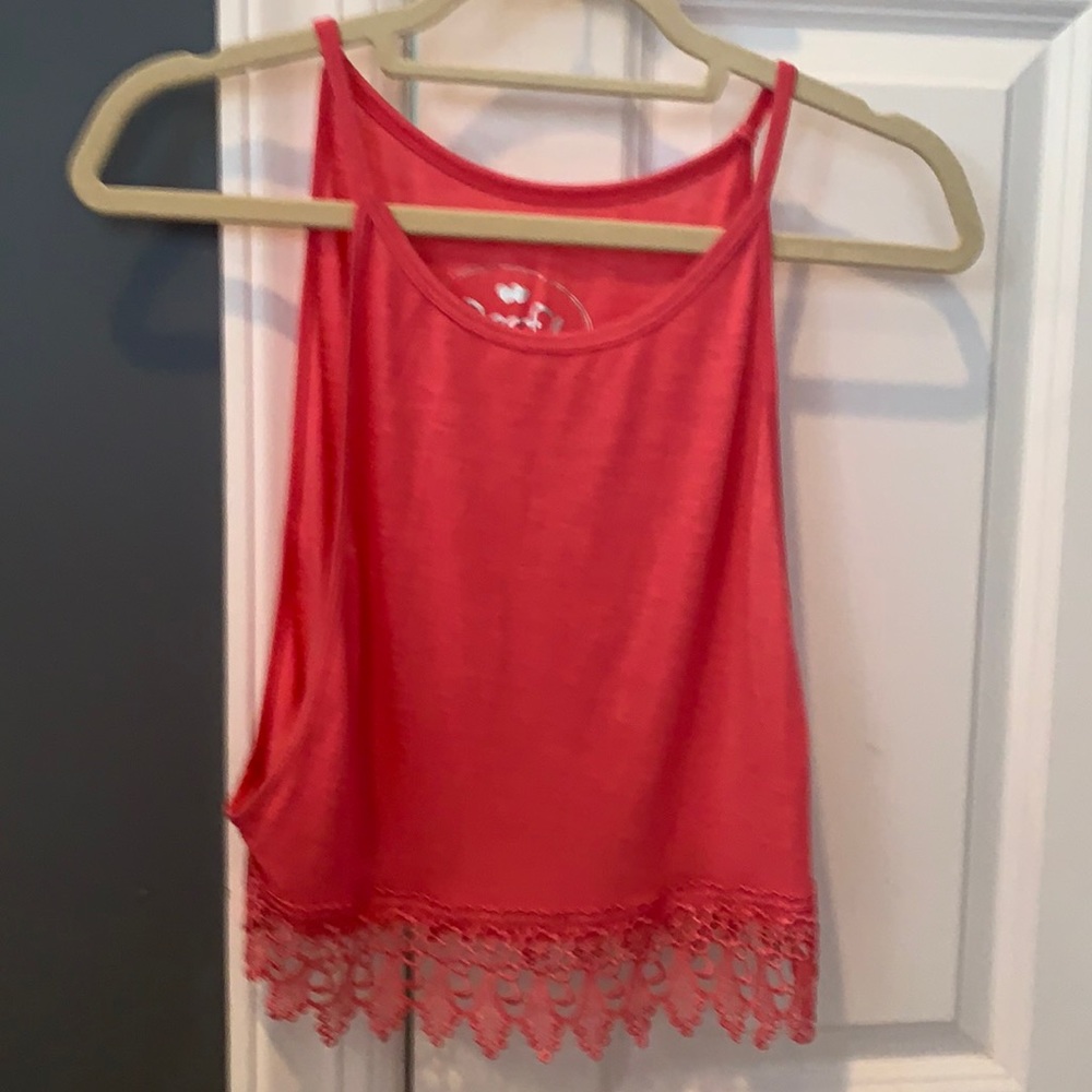 Crop watermelon  camisole  top with lace detail